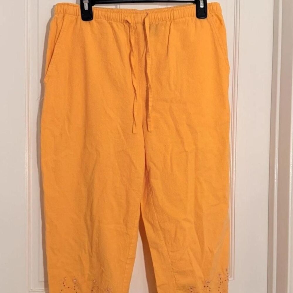 Jane Ashley Women’s Orange Linen Capri Embroidered Drawstring Pants Size L